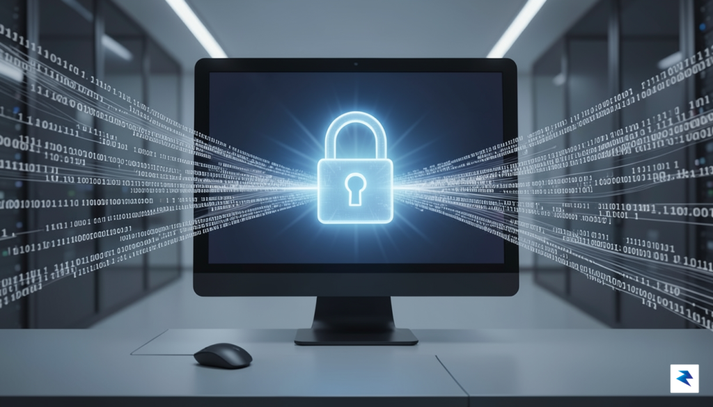 A digital security concept art showing a translucent, glowing digital…