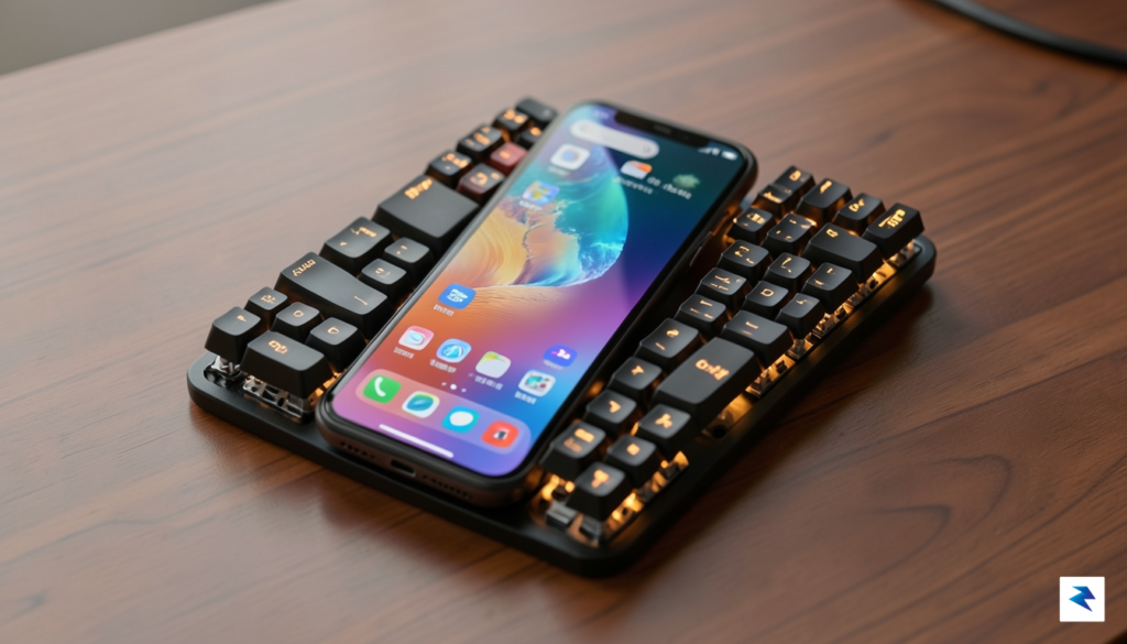 A close-up, high-definition photograph of a modern smartphone attached to…