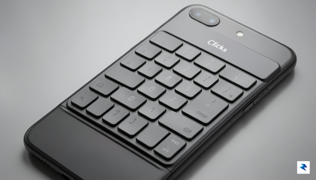 A close-up, high-angle studio shot of the Clicks keyboard attached…