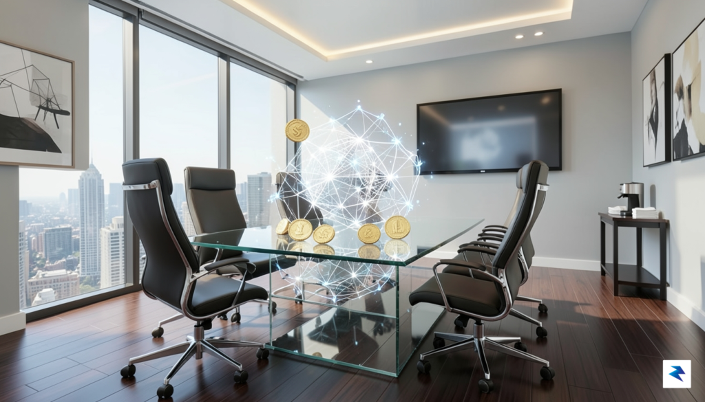 A sleek, modern digital illustration of a corporate boardroom where…