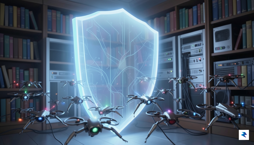 A digital illustration of a glowing, translucent shield protecting a…