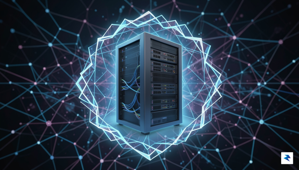 A conceptual digital illustration showing a secure, isolated server rack&hellip;