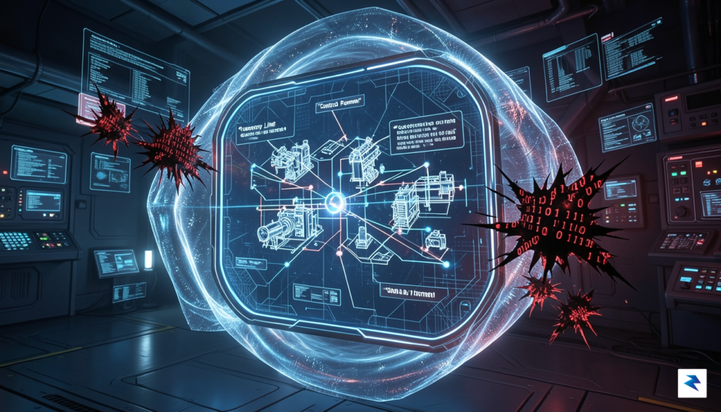 A digital security concept art showing a glowing, interconnected factory&hellip;