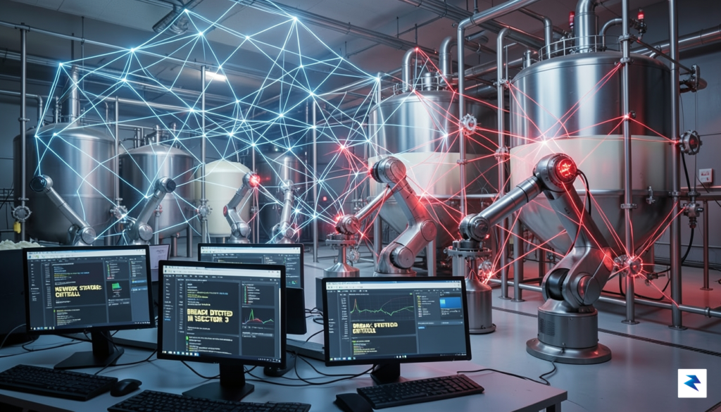A digital security visualization showing a glowing network mesh connecting&hellip;