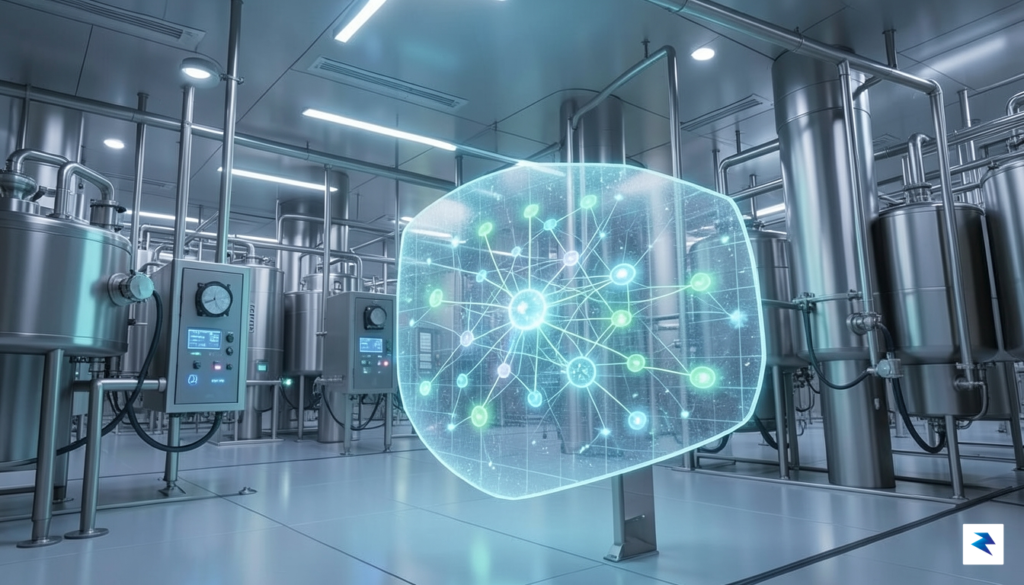 A conceptual digital illustration showing a high-tech dairy processing facility&hellip;