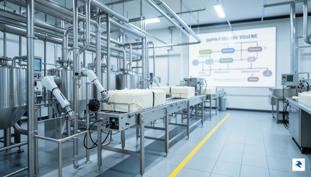 A wide-angle shot of a busy industrial dairy processing plant&hellip;