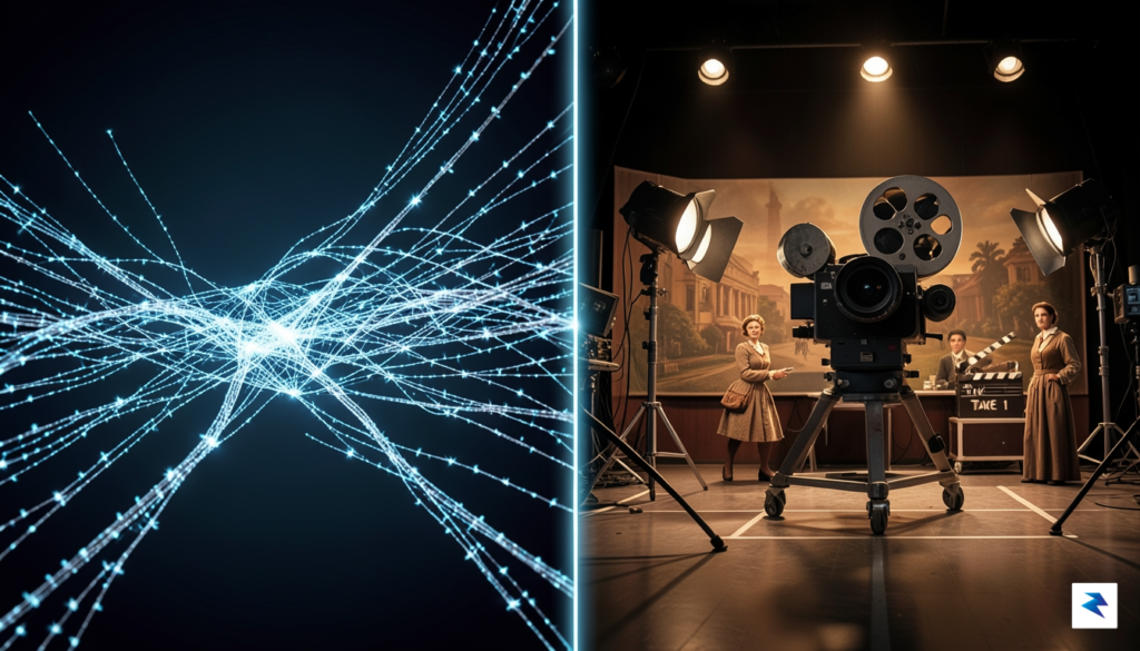 A conceptual split-screen graphic showing a glowing fiber-optic cable network&hellip;