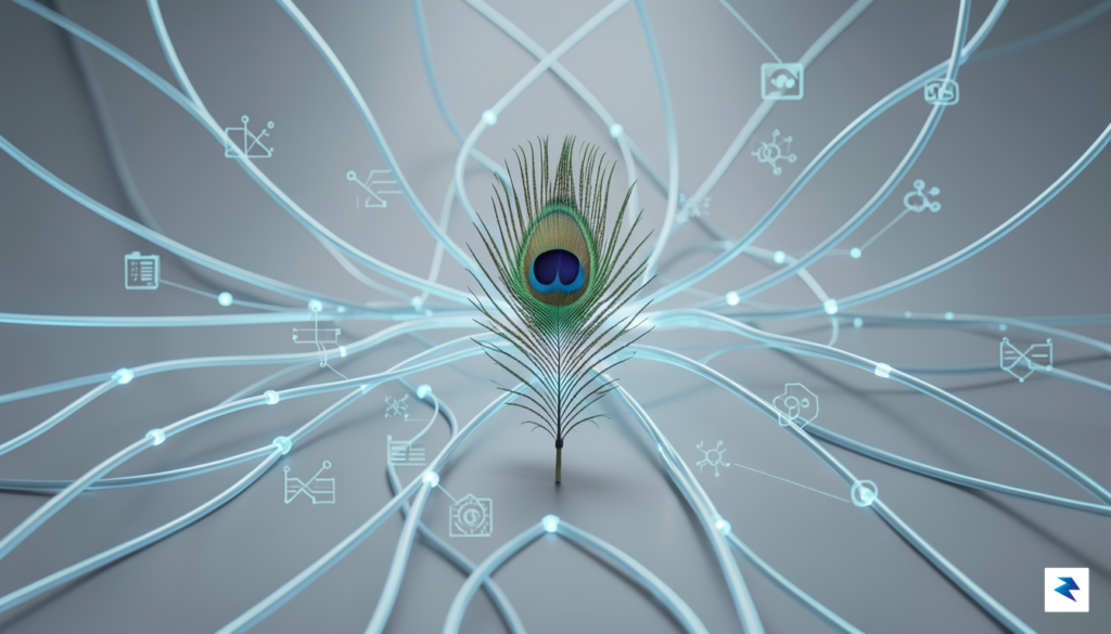 A modern, minimalist digital graphic showing a lone peacock feather…