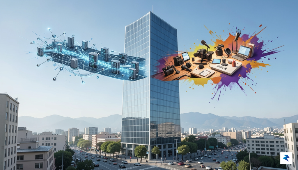 A conceptual graphic showing a large corporate structure splitting into…