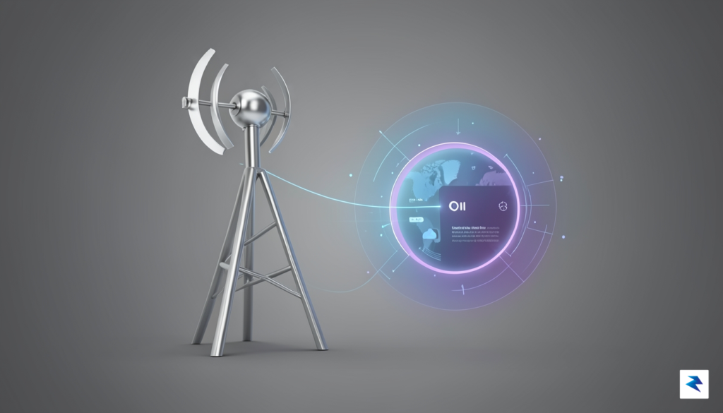 A modern, minimalist digital graphic showing a broadcast antenna merging…