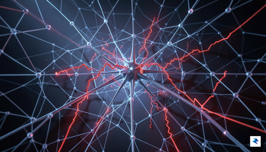 A digital illustration showing a glowing, multi-layered neural network being…