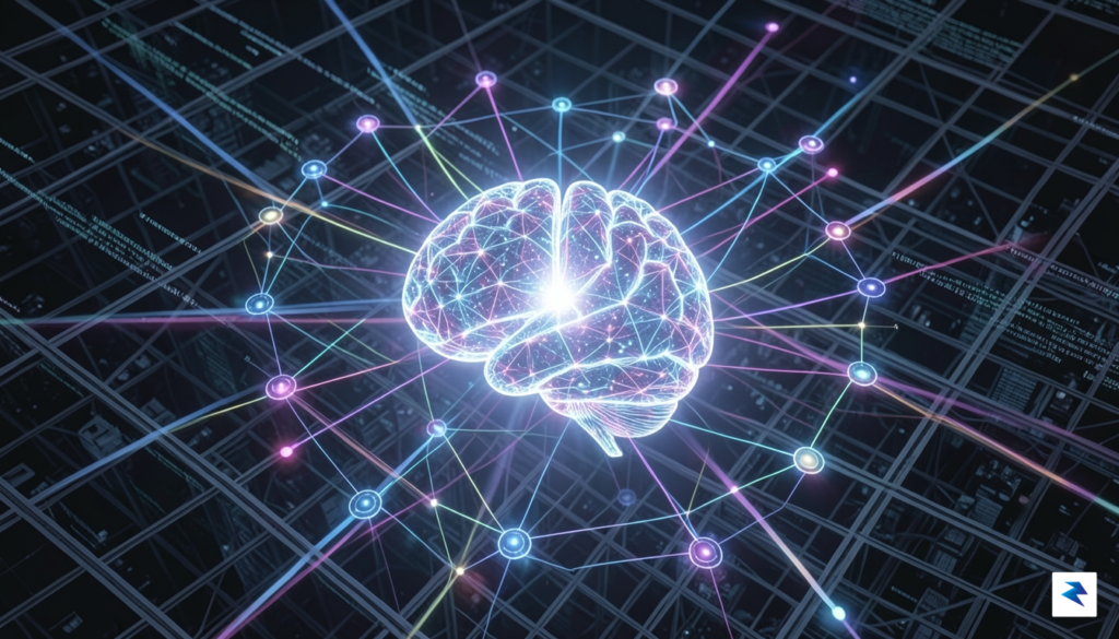 A conceptual digital visualization showing a glowing, multi-faceted AI brain…