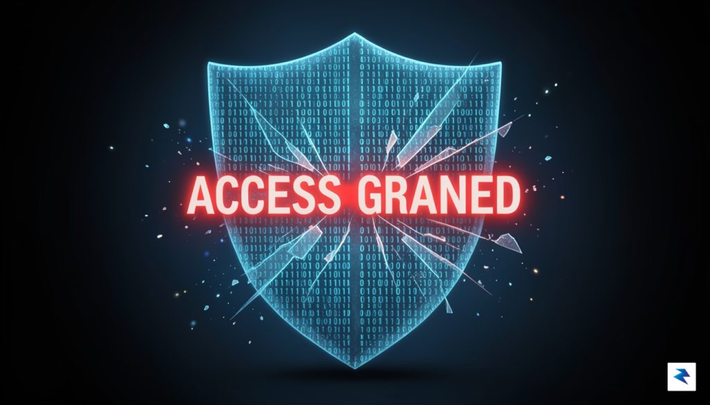 A digital illustration showing a glowing shield made of binary…