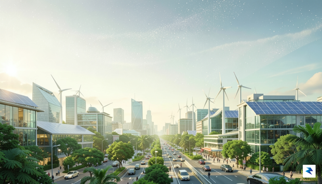A conceptual illustration showing a vibrant, green-energy-powered cityscape in the&hellip;