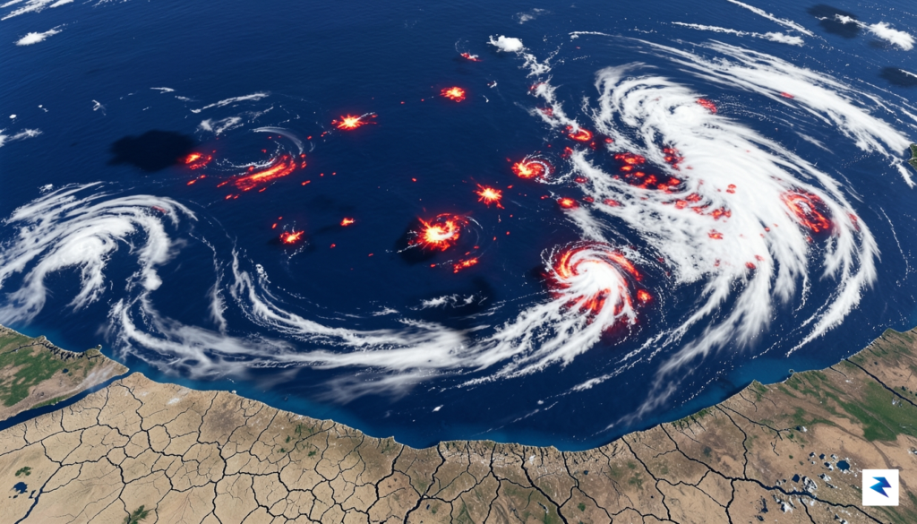 A satellite visualization showing glowing red thermal anomalies across the&hellip;