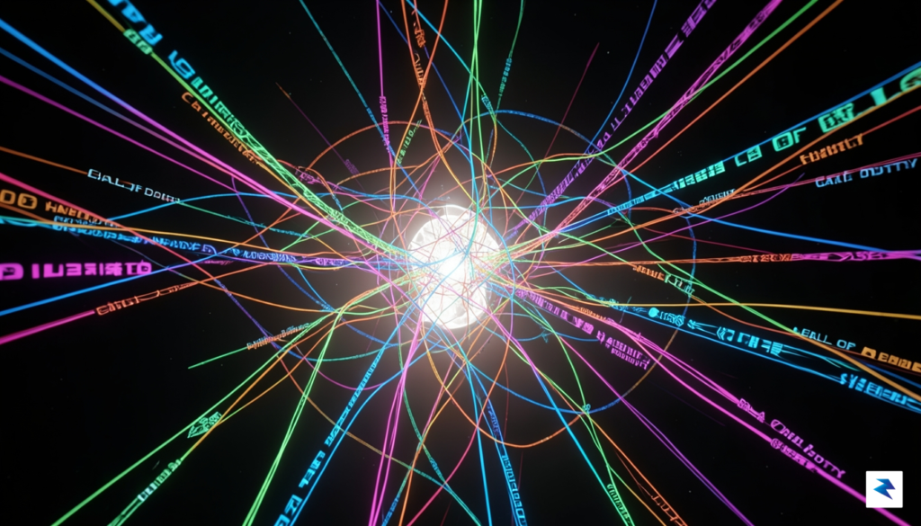 A digital 3D visualization showing a complex web of interconnected…