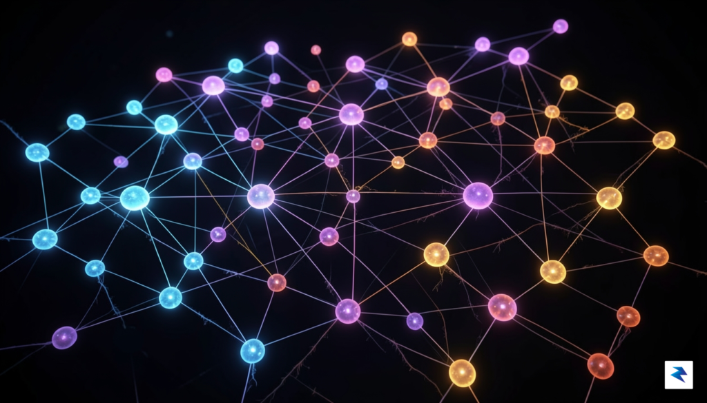 A conceptual digital illustration showing a sprawling, interconnected web of…