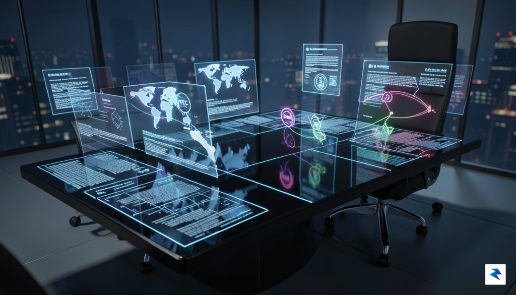 A conceptual digital art piece showing a high-tech boardroom table…