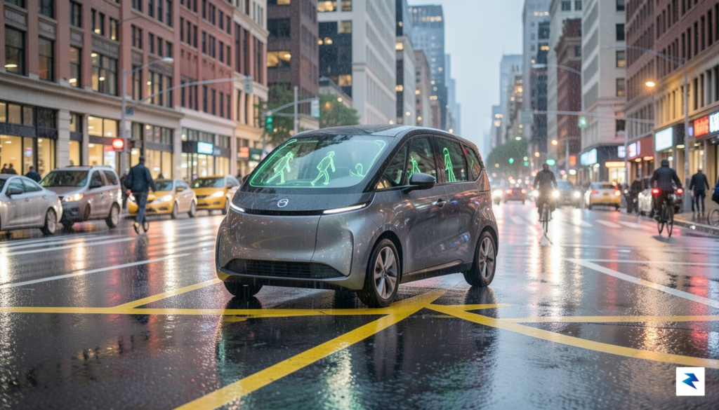 A modern, sleek autonomous vehicle navigating a busy, rain-slicked city&hellip;