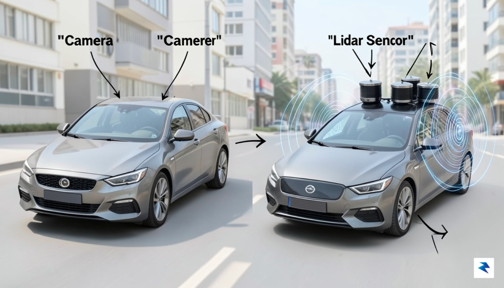A diagram contrasting a car with only cameras visible, and&hellip;