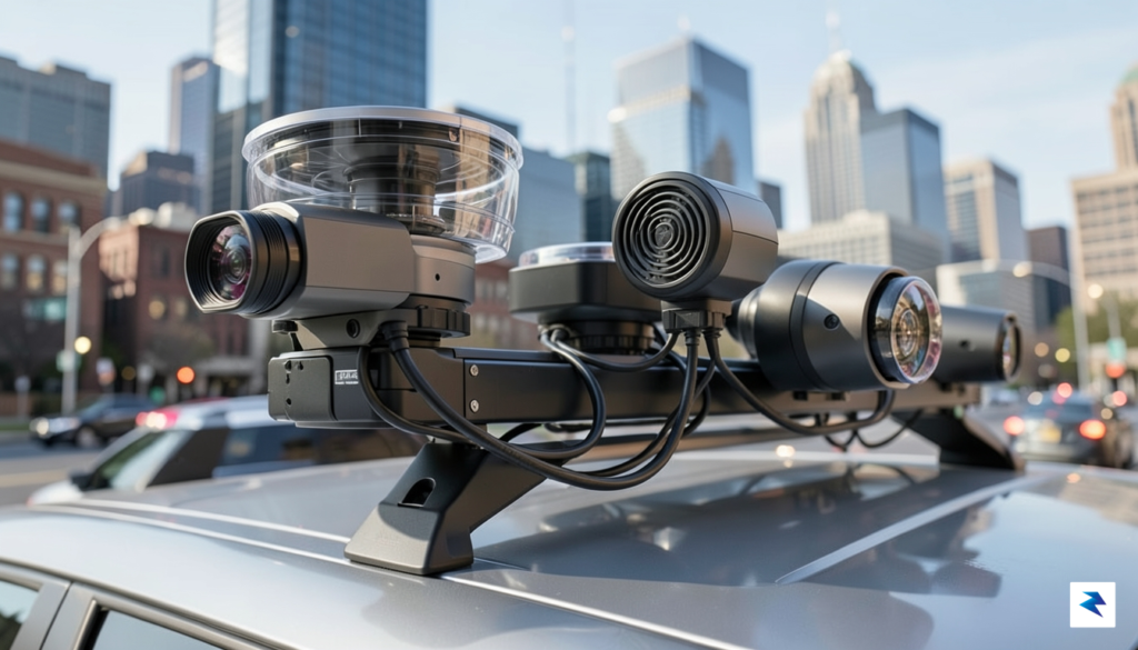 A close-up, high-tech rendering of a sleek autonomous vehicle sensor&hellip;