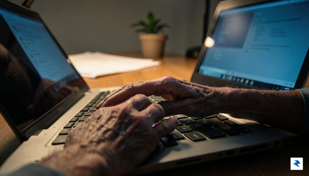 A somber, high-angle close-up shot of an elderly person&rsquo;s hands&hellip;