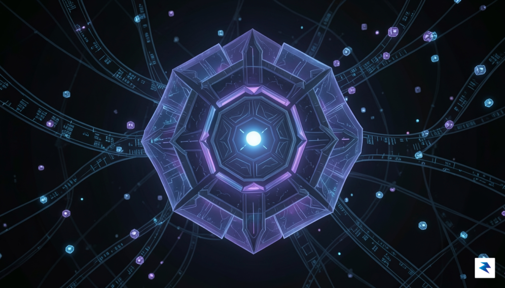 A conceptual digital illustration showing a dark, glowing network node&hellip;