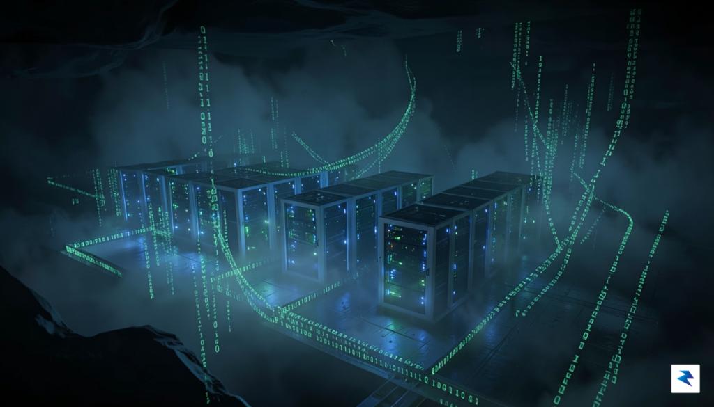 A dark, stylized digital landscape showing glowing server racks partially&hellip;