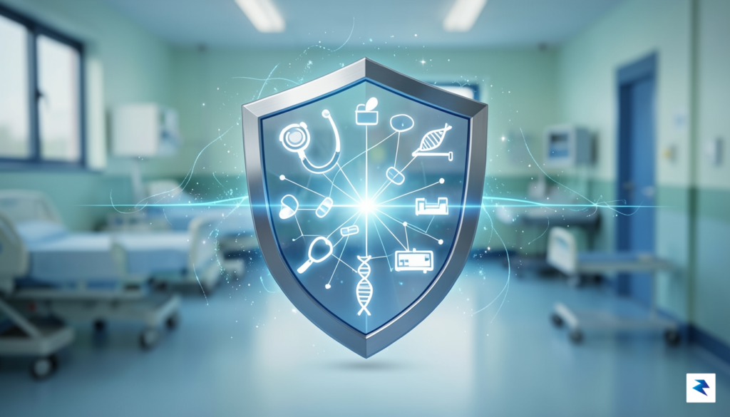 A conceptual image showing a digital shield protecting a cloud…