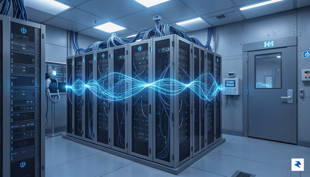 A digital visualization of a secure server room with glowing…