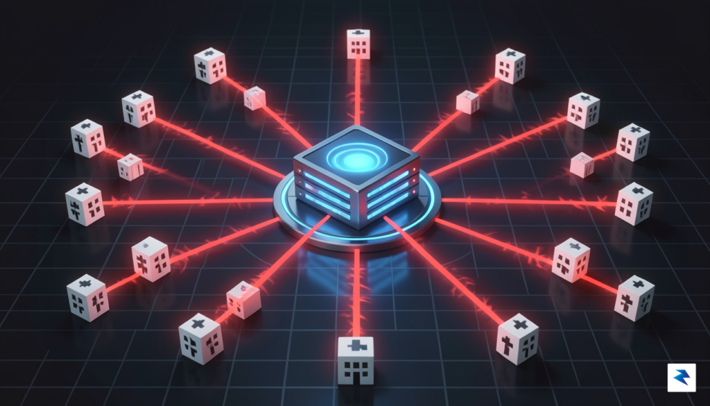 A digital illustration showing a central hub node connected to…