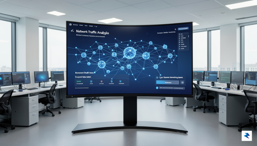 A sophisticated digital security dashboard displaying network traffic analytics and…