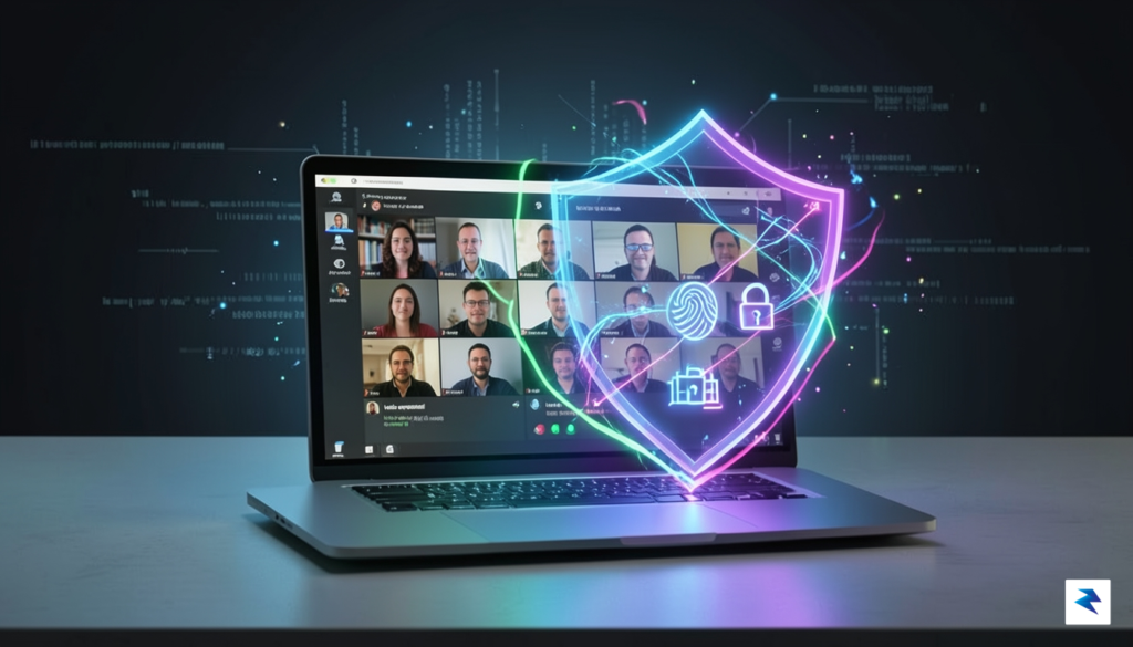 A conceptual digital security illustration showing a glowing shield protecting…