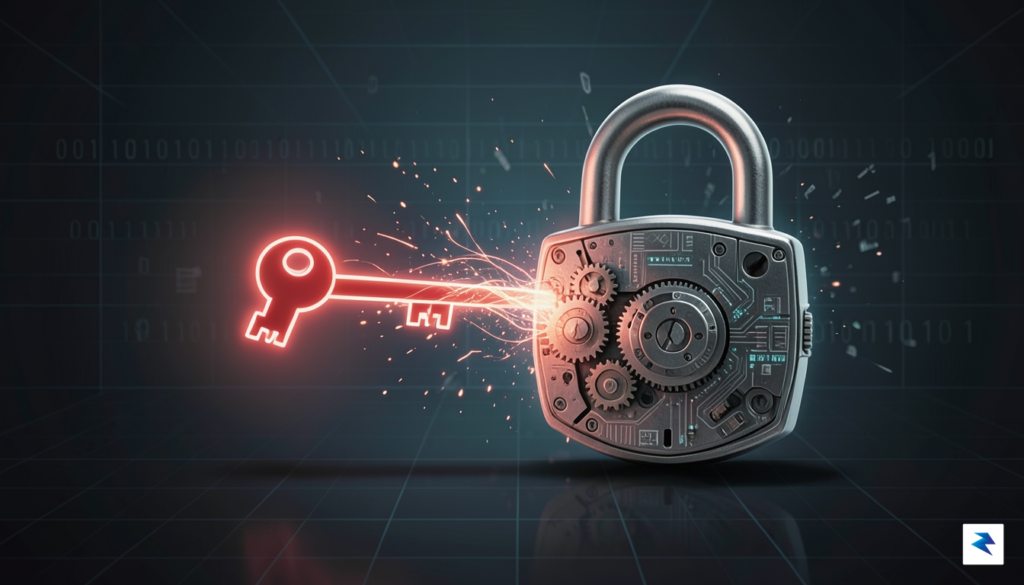 A digital illustration showing a cyber-security concept where a small,…