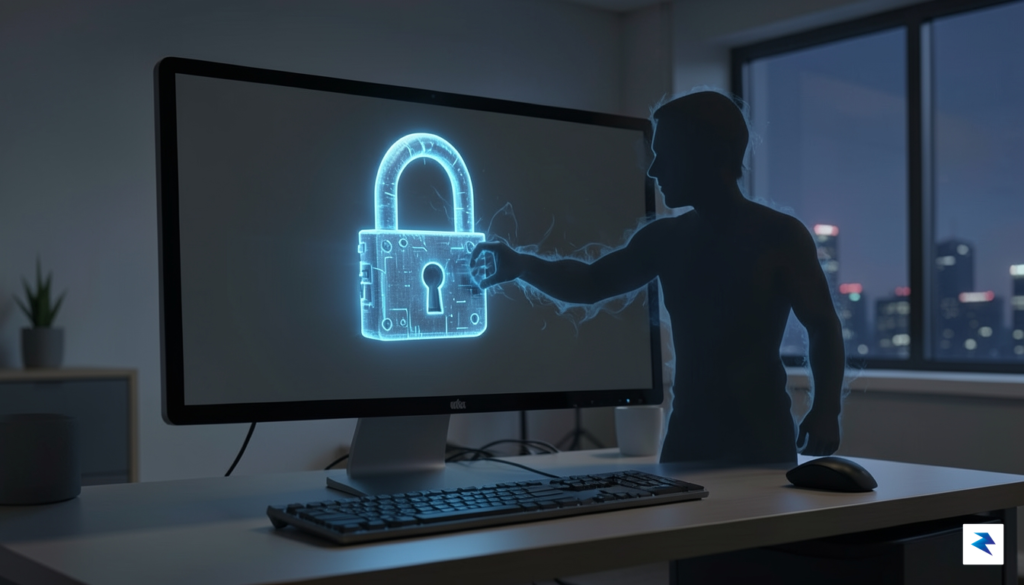 A digital security concept illustration showing a glowing digital lock…