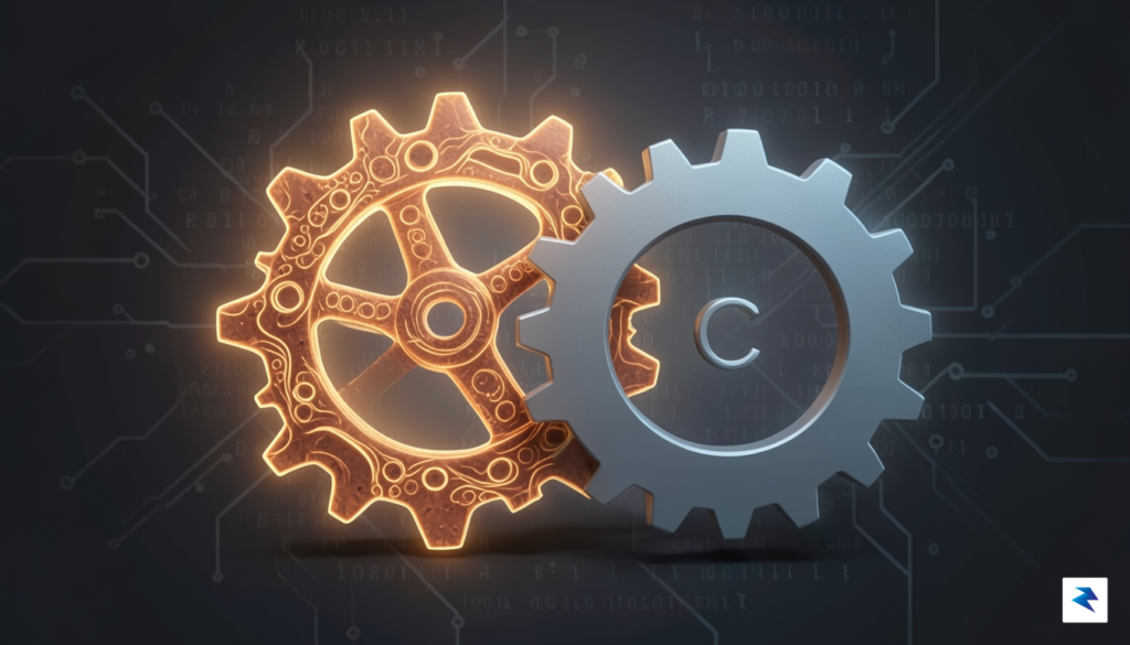 A conceptual digital illustration showing a complex, glowing Rust gear…