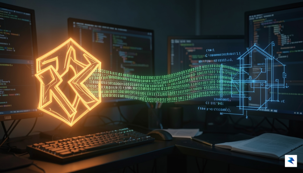 A conceptual digital illustration showing a complex, glowing Rust logo…