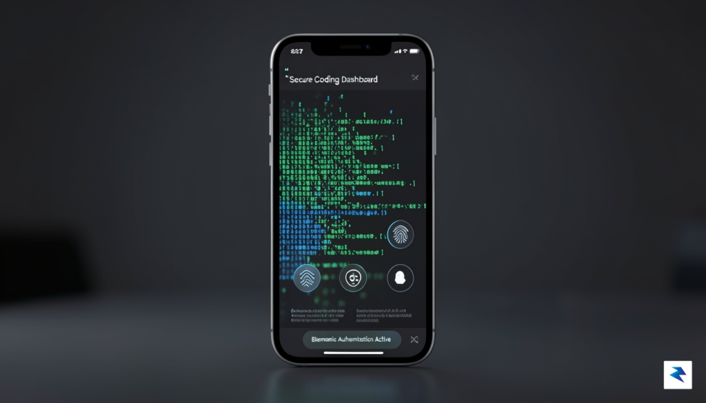A sleek, high-tech conceptual visualization of a secure mobile coding…