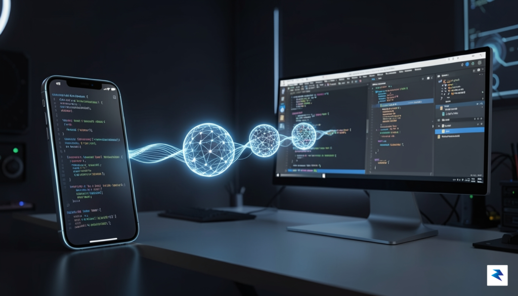 A conceptual digital visualization showing a glowing thread of data…