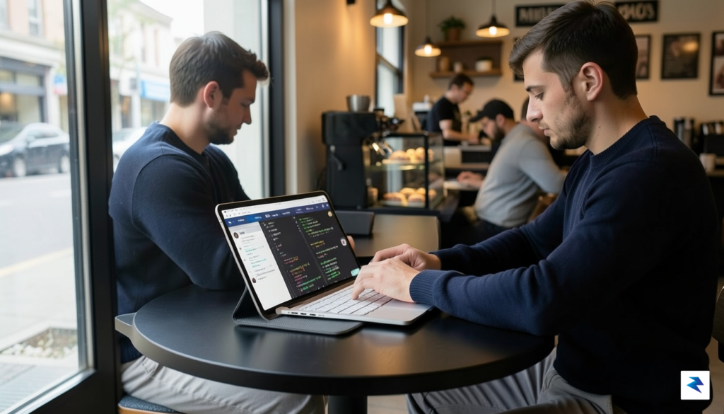 A sleek, professional photograph of a developer sitting in a…