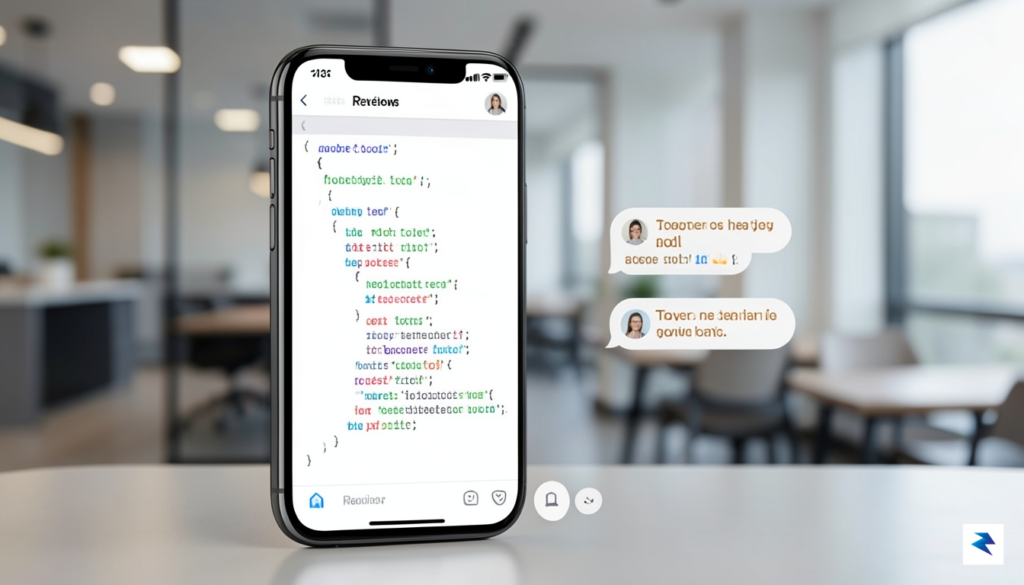 A sleek smartphone screen displaying a code review interface with…