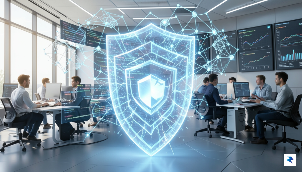 A conceptual digital illustration showing a glowing, secure firewall shield…