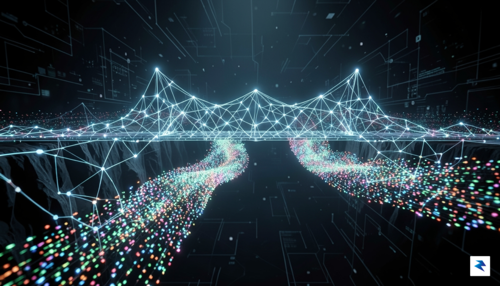 A conceptual digital visualization showing a glowing neural network bridge…