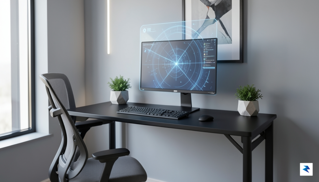 A high-tech, minimalist home office desk setup with a glowing…