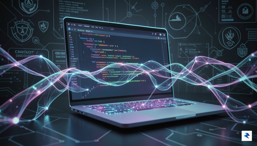 A conceptual digital art piece showing a glowing, neural-network-inspired code…