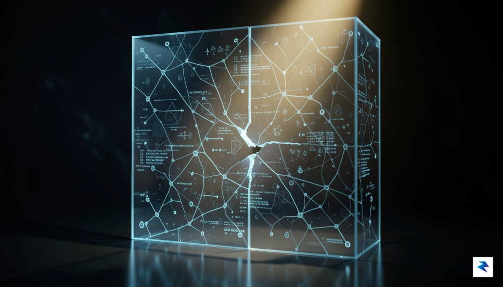 A conceptual digital illustration showing a glowing, transparent glass wall…
