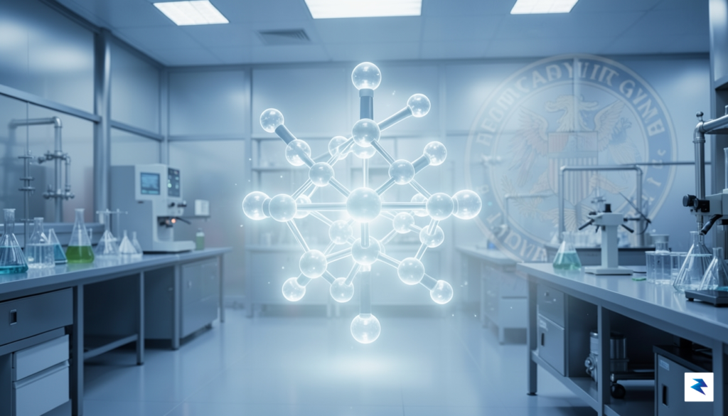 A digital illustration showing a chemical structure model of 7-hydroxymitragynine&hellip;