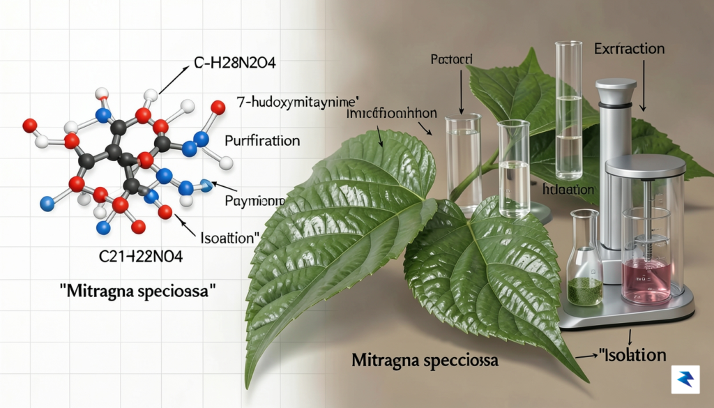 A detailed scientific illustration showing the molecular structure of 7-hydroxymitragynine&hellip;