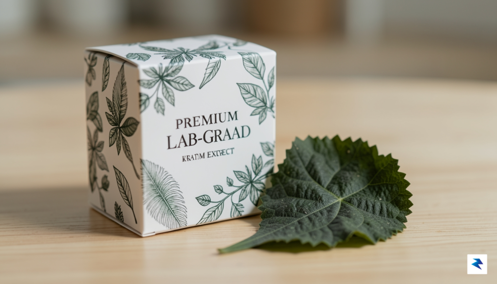 A close-up, high-resolution photograph of laboratory-grade kratom packaging displayed next&hellip;