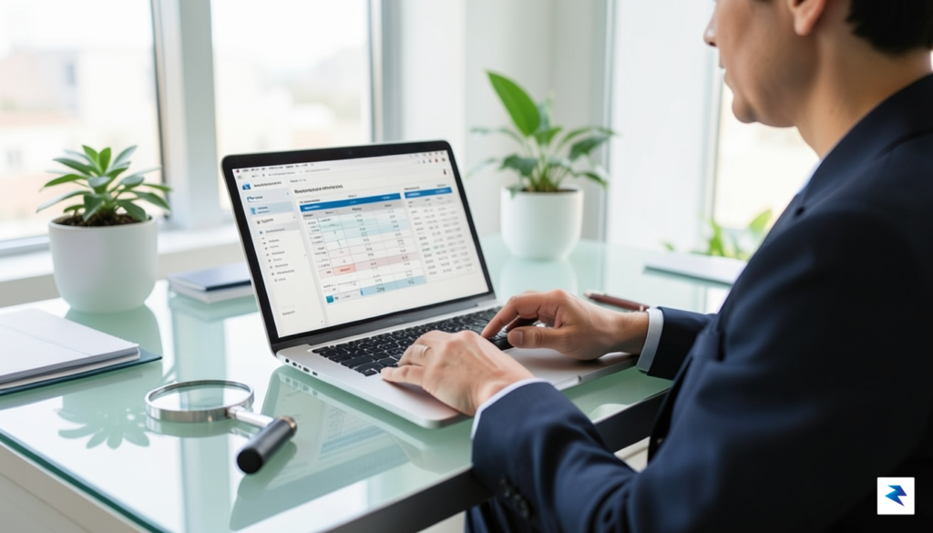 A professional, clean workspace showing a person analyzing botanical product&hellip;